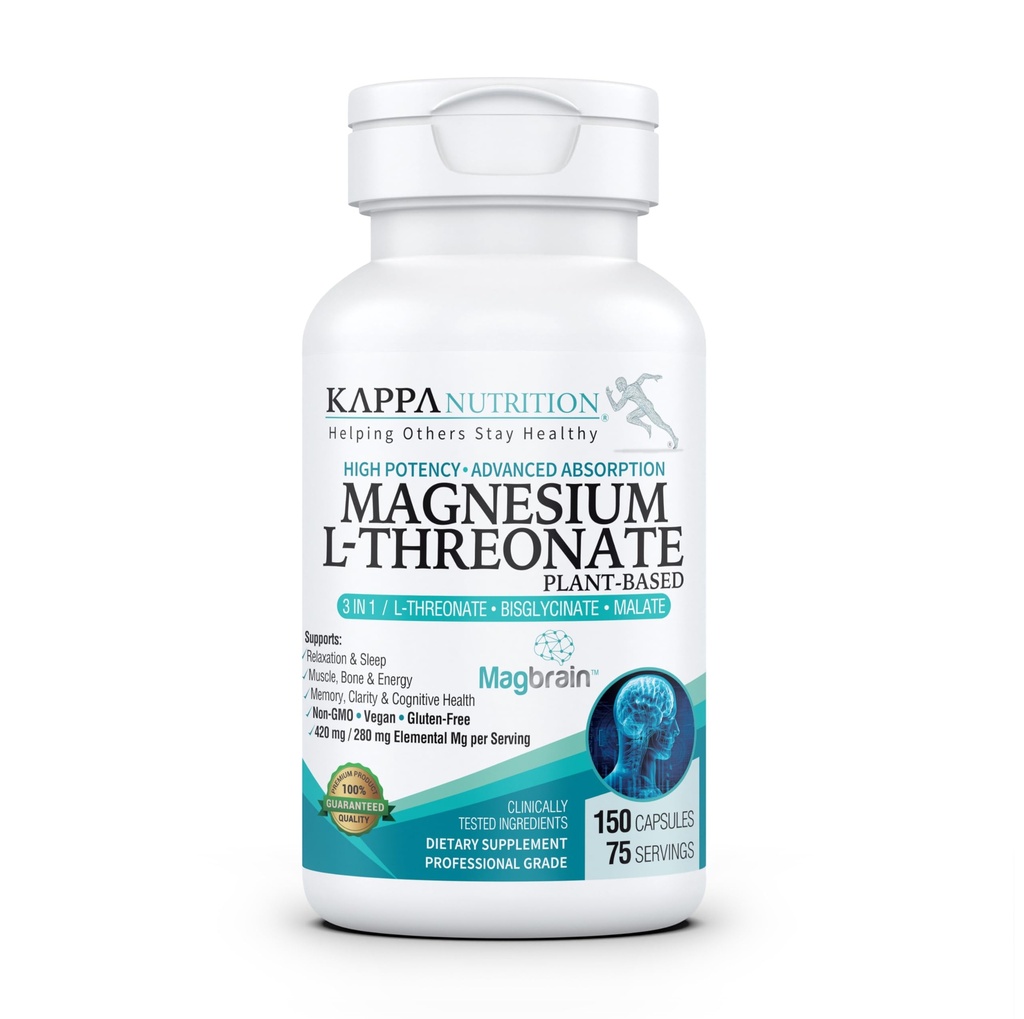 Kappa Nutrition drevet af Magbrain ™ Magnesium L- Threonat Plant- baseret, 420mg Elemental Magnesium (3 kapsler) fra 2,253mg, 150 Vegankapsler, Brain, Sleep & Muscle Support.