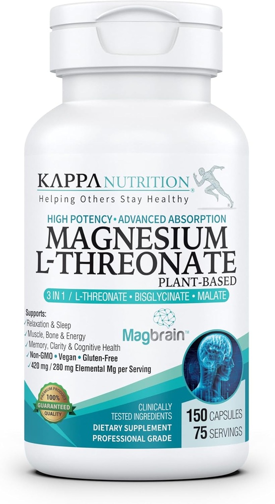 Kappa Nutrition drevet af Magbrain ™ Magnesium L- Threonat Plant- baseret, 420mg Elemental Magnesium (3 kapsler) fra 2,253mg, 150 Vegankapsler, Brain, Sleep & Muscle Support.
