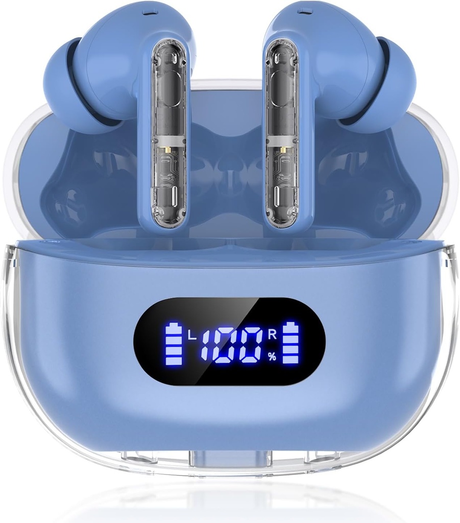 Blå Trådløse Earbuds P1 PRO, Earphones Trådløse Bluetooth hovedtelefoner med Clear Call Mics Øre Bud, Komfortabel Fit, IPX7 Vandtæt lang batteri liv, 30H Playtime til sport træning