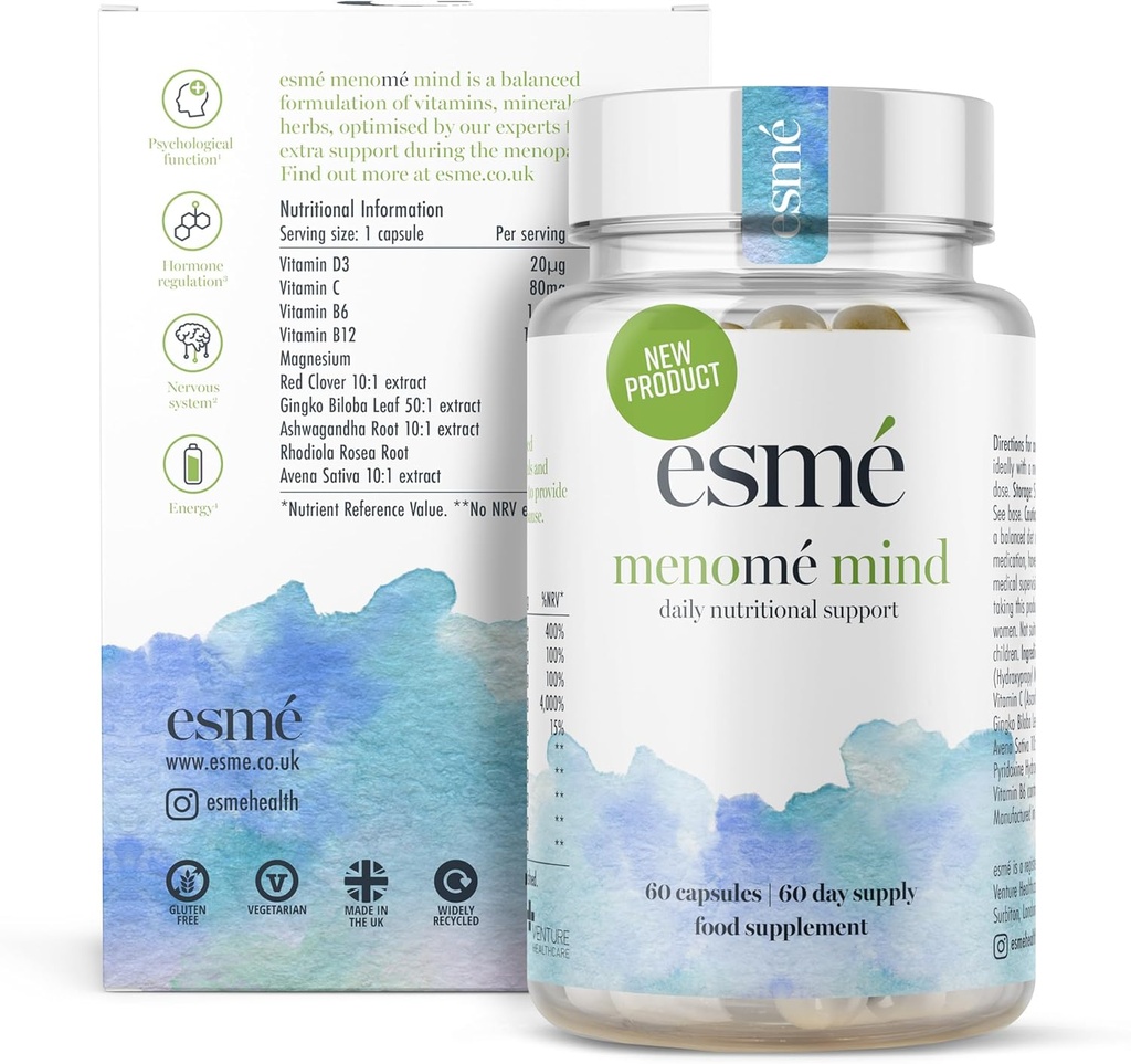 esmé menomé Mind - Daglig ernæringsmæssig support før, under og efter overgangsalderen - To måneders levering af 60 kapsler, Contain ashwagandha og Gingko biloba