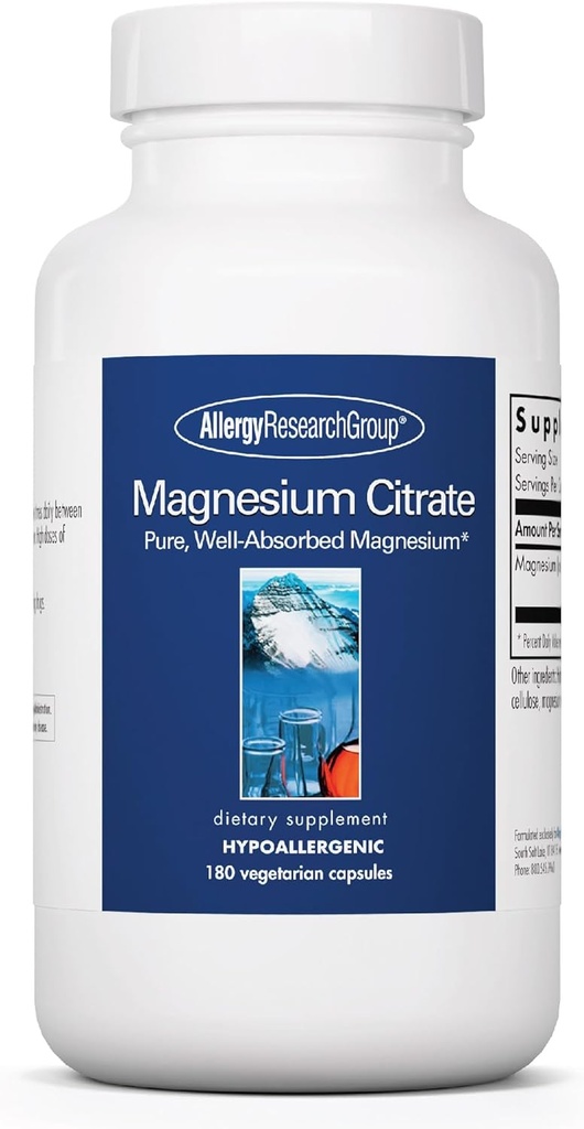 Allergy Research Group Magnesium Citrate Supplement - Pure Magnesium Citrate Kapsler til rolig, søvn, obstipation og fordøjelse for kvinder og mænd, 170 mg Per Pill - 180 Vegetariske Kapsler