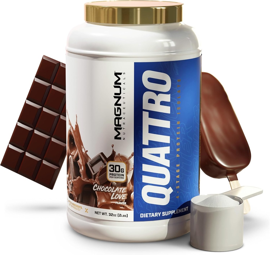 Magnum Nutracatives Quattro Whey Protein Powder, Chokolade Love 2lb - Premium Protein Isolate Blend til muskelvækst og inddrivelse
