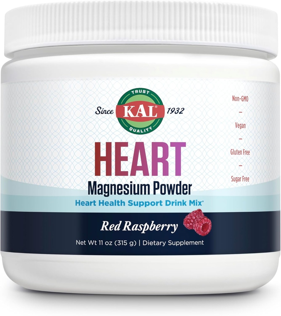 KAL Heart Magnesium Pulver, Rød Raspberry Flavor, Heart Health Support, Magnesium Drink Mix, Magnesium Supplement, Sugar Free, 70 Servering, 11 OZ