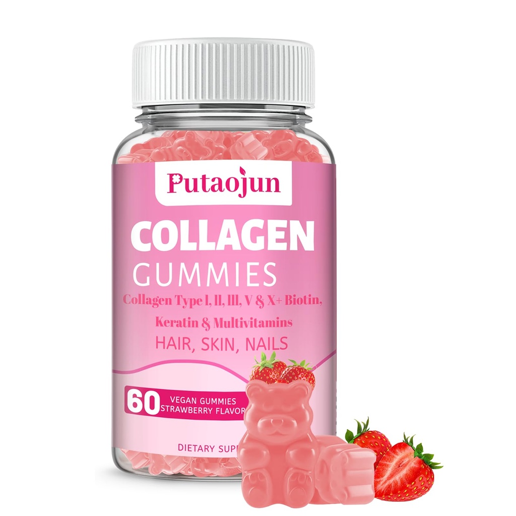 Collagen Gummies Note 124; Hår, Hud & Nails Gummies med Biotin Vitamin C, E, & Zink- Gummies 124; Strawberry Flavored