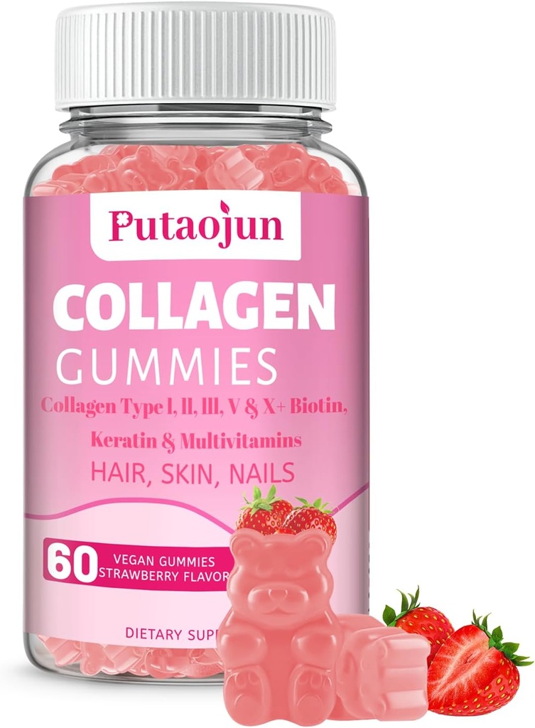 Collagen Gummies Note 124; Hår, Hud & Nails Gummies med Biotin Vitamin C, E, & Zink- Gummies 124; Strawberry Flavored