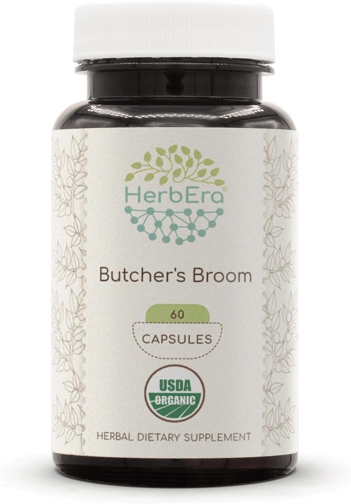HerbEra Butcher's Broom USDA Organic 60 Capsules | Natural Herbal Supplement | Certified Organic Vegetarian Capsules and Organic Butcher's Broom (Ruscus aculeatus) Dried Root (60 Capsules)