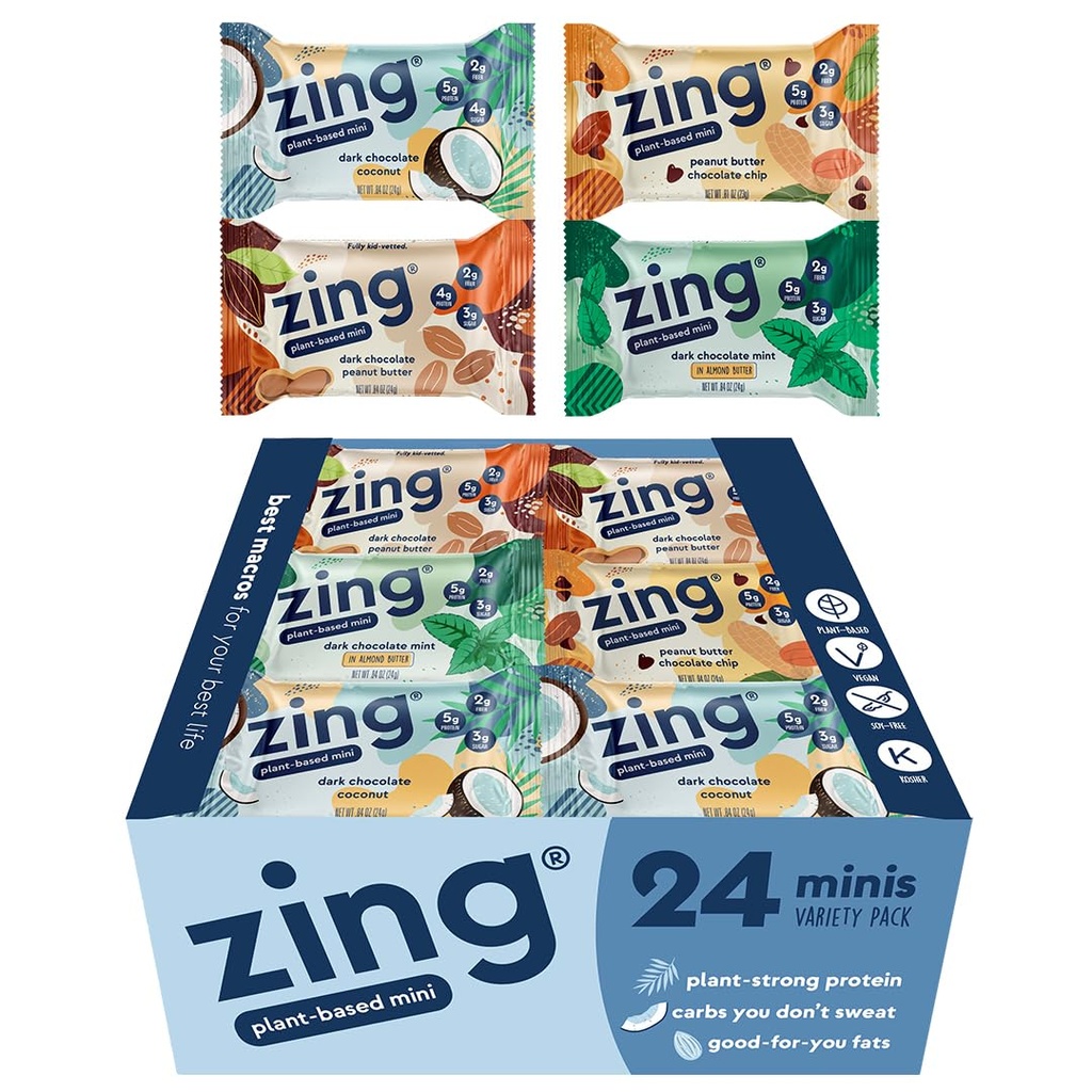 Zing Kids Protein Bars Variety Pack, Gluten Free 100 Calorie Mini Bars med højt protein, Vegansk Nutrition Bars, Dairy Free Plant Based Protein - 24 tæller