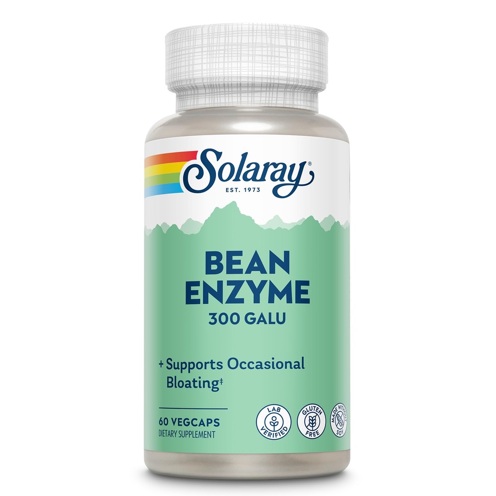 SOLARAY Bean Enzyme 300 GalU - Alpha Galactosidase fordøjelsesenzymer for kvinder og mænd - fordøjelsessygdomme supplement - understøtter lejlighedsvis bloating og gas Relief for voksne - 60 Servering, 60 VegCaps