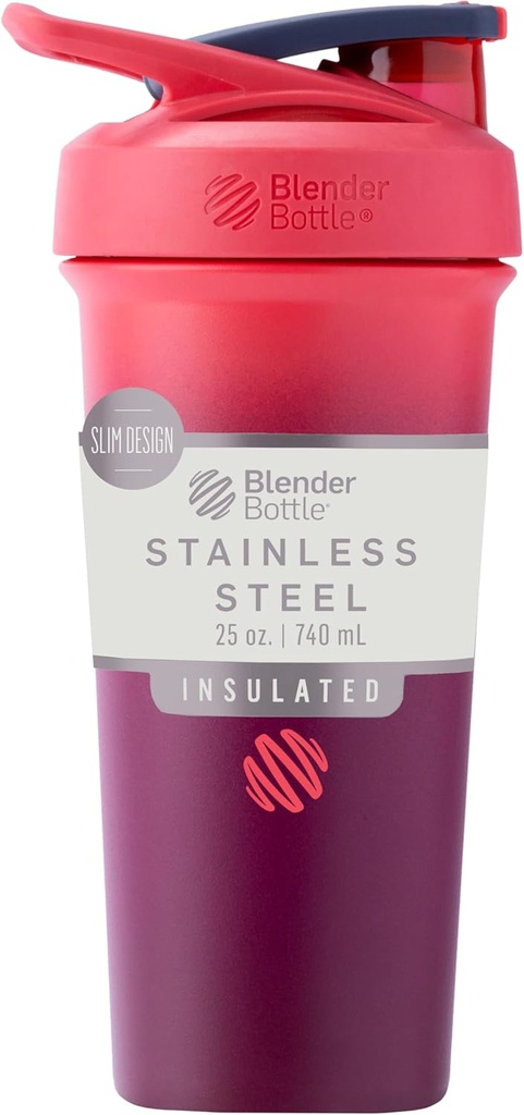 BlenderBottle Sport Sleek Isoleret rustfrit stål Shaker Flaske med Wire Whisk, 25-Ounce, Sangria Ombre - Protein Shakes & Hydration for Atleter & Fitness Enturasts, Easy Mixing, Slim Easy to Hold, Keeps Drinks Cold, Lockable Lid