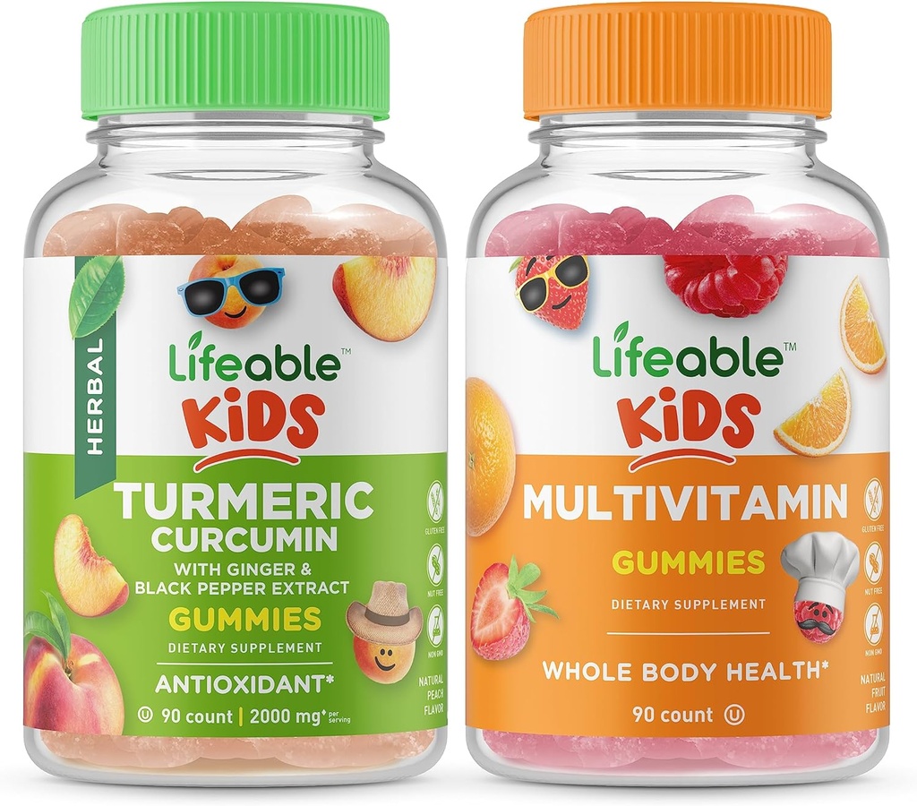 Lifeable Gurkemeje Kids + Multivitamin Kids, Gummies Bundle - Great Tasting, Vitamin Supplement, Gluten fri, GMO fri, Chewable Gummy