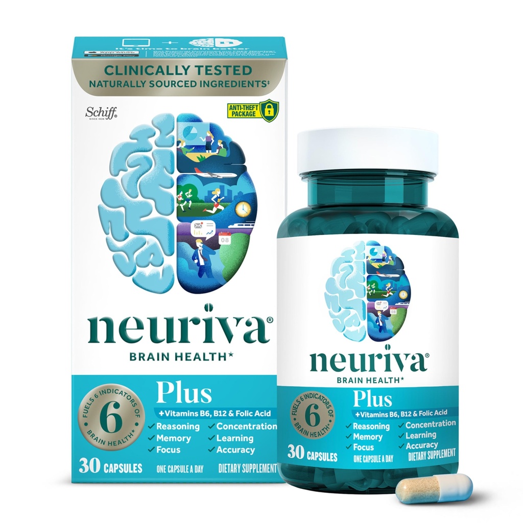 NEURIVA Plus Brain Supplement for Memory and Focus Clinical Tested Nootropics for Concentration for Mental Clarity, Cognitive Enhancement Vitaminer B6, B12, Phosphatidylserin 30 Kapsler