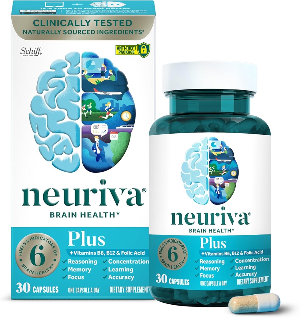 NEURIVA Plus Brain Supplement for Memory and Focus Clinical Tested Nootropics for Concentration for Mental Clarity, Cognitive Enhancement Vitaminer B6, B12, Phosphatidylserin 30 Kapsler