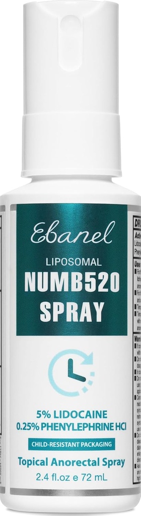 Ebanel 5% Lidocain Spray Smerte Relief Numb520 Burn Itch Relief Numbering Spray til hud, tematisk antestisk Postpartum Hæmorroid Behandling med Phenylephrin til lokale og anorektale anvendelser
