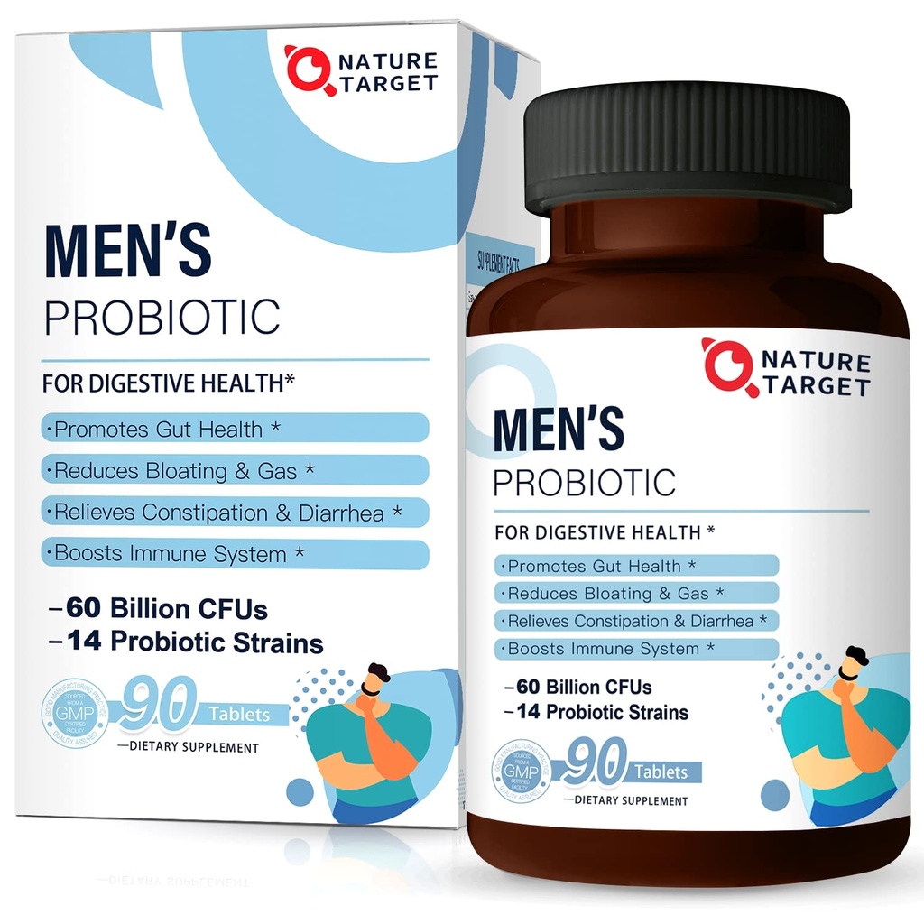 NATUR TARGET Probiotika til mænd med mænd pleje supplement, Prebiotika & Probiotika til mænd fordøjelse og immunforsvar, 60 milliarder CFU 'er & 14 Strops Hylde Stable, Gluten & Soy Free (90 tabletter)