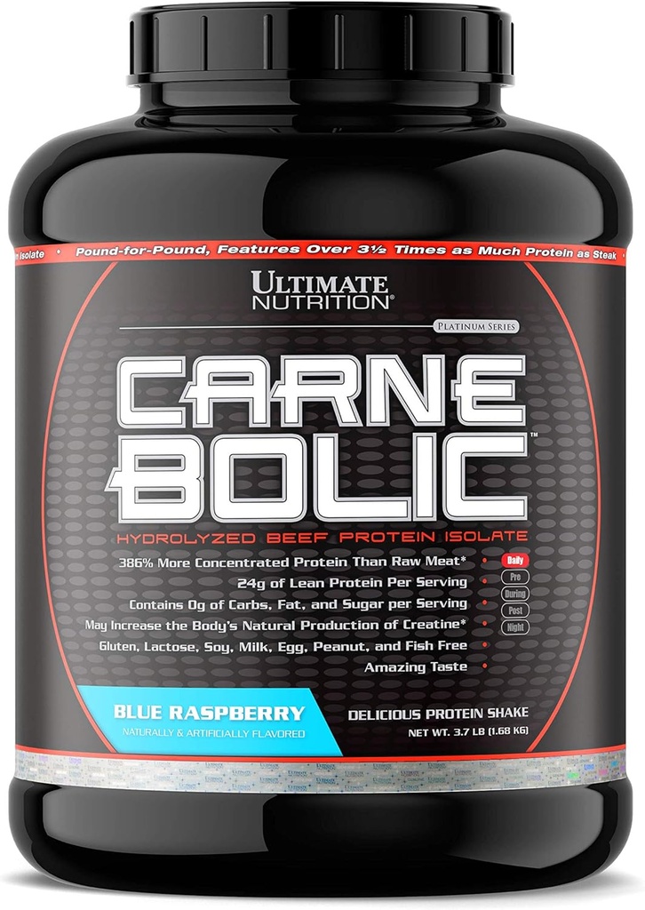 Ultimate Nutrition Carnebolsk Hydrolyzed Beef Protein Isolere Powder- Paleo og Keto Friendly-Zero Carbs, Zero Fat, Zero Sugar eller Soy, Gluten og Lactose- Gratis, Blå Hindbær, 60 Servering