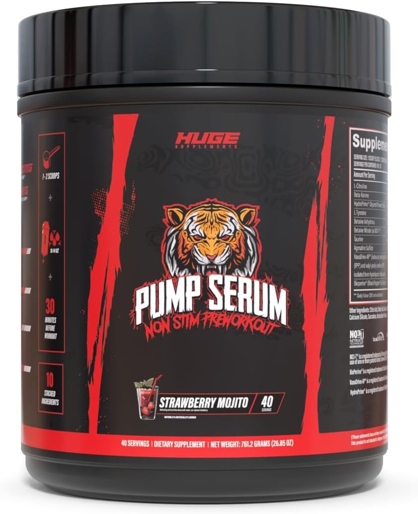 Kæmpe Kosttilskud Pump Serum, Stim Free Pre Workout og nitrogenoxid Booster til at øge fokus, Pumper, Fulness med ingen koffein, L-Citrullin, GlycerPump, L-Tyrosin, Nitrosigine (Jordbær Mojito)