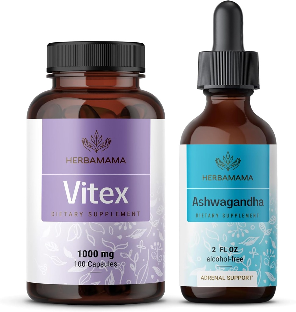 HERBAMAMA Vitex and Ashwagandha Kit - Bundle of 1000 mg Vitex Chasteberry Capsules & Ashwagandha Liquid Drops 2 fl oz - Vegan, non-GMO, Sugar & Alcohol- Free - 2 Pack