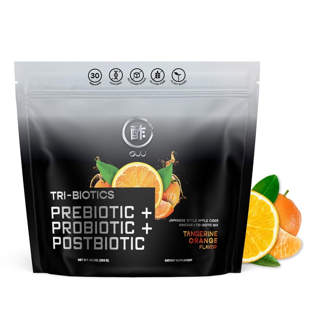SUU Tri- biotika Gut sundhed drik til mænd & Women- Japanes- Style ACV med Prebiotika, Probiotika & Postbiotika-immunforsvar, Steady Focus, fordøjelsesstøtte & Mood Booster- Tangerine Flavor, 30 Servere