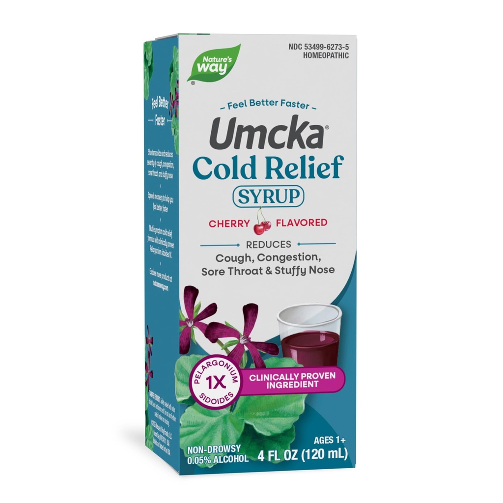 Nature 's Way Cold Relief Syrup, Umcka, Shortens Varighed & Reduces Severity, Multi- symptom Cold Relief, Homøopatisk, Phenylephrine Gratis, Non- Drowsy, Cherry Flavored, 4 Fl Oz (Packaging May Vary)