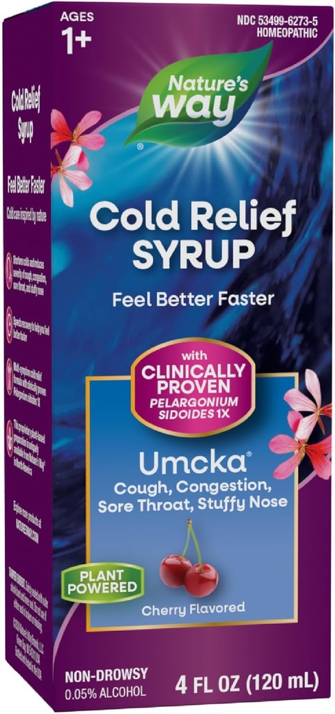 Nature 's Way Cold Relief Syrup, Umcka, Shortens Varighed & Reduces Severity, Multi- symptom Cold Relief, Homøopatisk, Phenylephrine Gratis, Non- Drowsy, Cherry Flavored, 4 Fl Oz (Packaging May Vary)