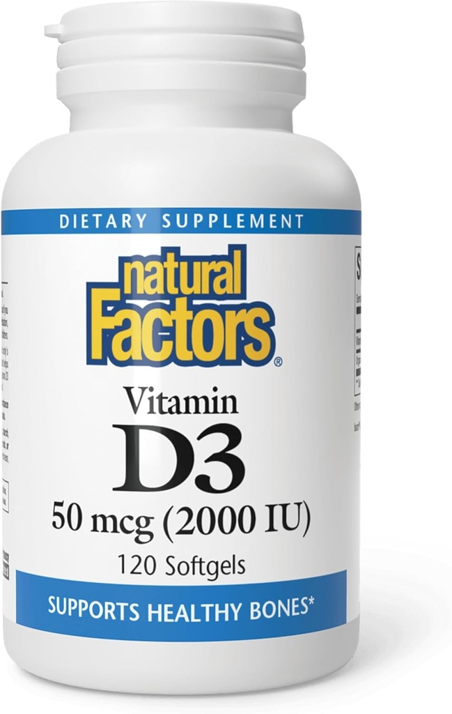 Naturlige faktorer, D3- vitamin 2000 IE (50 mcg), understøtter stærke knogler, muskler og immunfunktion, 120 Softgels
