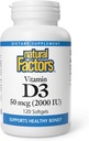 Naturlige faktorer, D3- vitamin 2000 IE (50 mcg), understøtter stærke knogler, muskler og immunfunktion, 120 Softgels