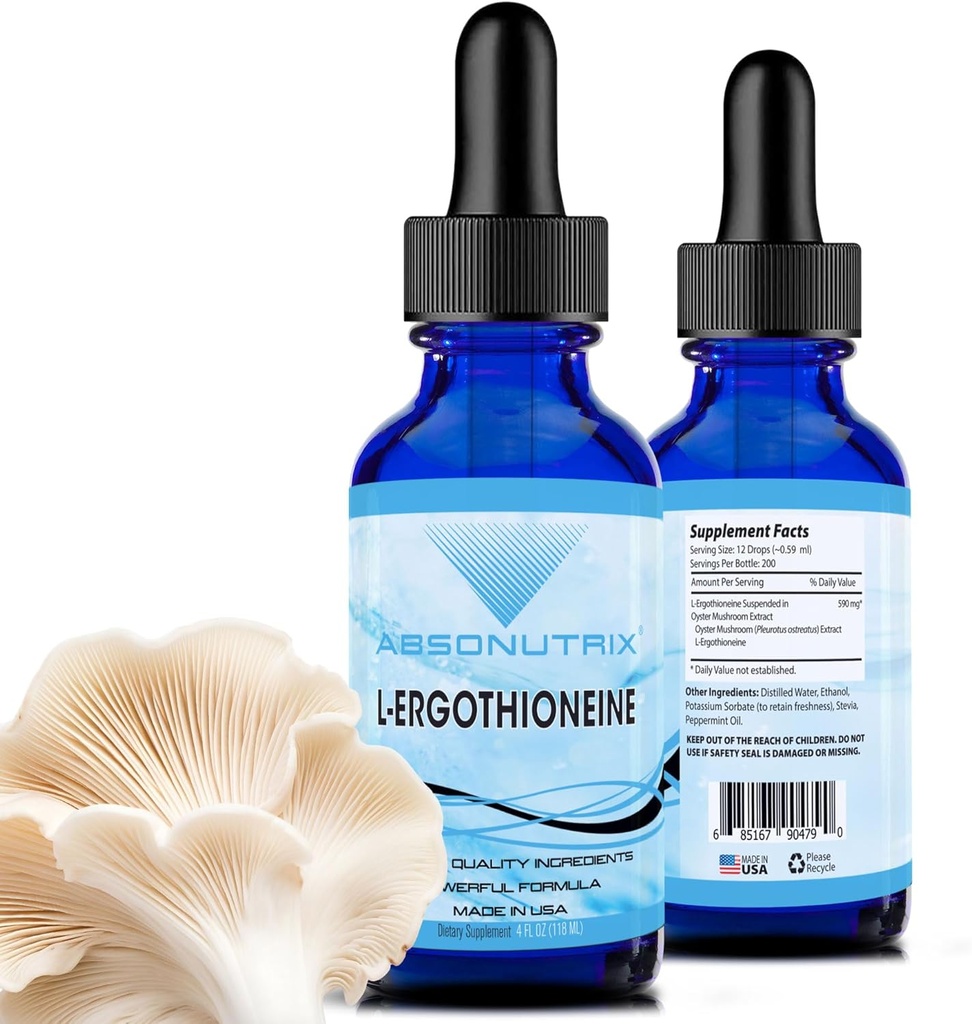 Absonutrix L-Ergothioneine Liquid Supplement 590 mg, 200 Servings, Made in USA, Quick Absorption, Quality Potent Ingredients, Non-GMO, GMP Certified Facility, Cruelty-Free Products
