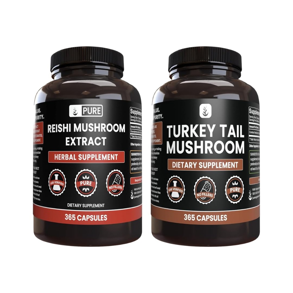 PURE ORIGINALSKE INGREDIENSER Reishi Mushroom & Tyrkiet Tail Mushroom Capsule Bundle (365 kapsler), Altid Pure, Ingen tilsætningsstoffer eller Fillers