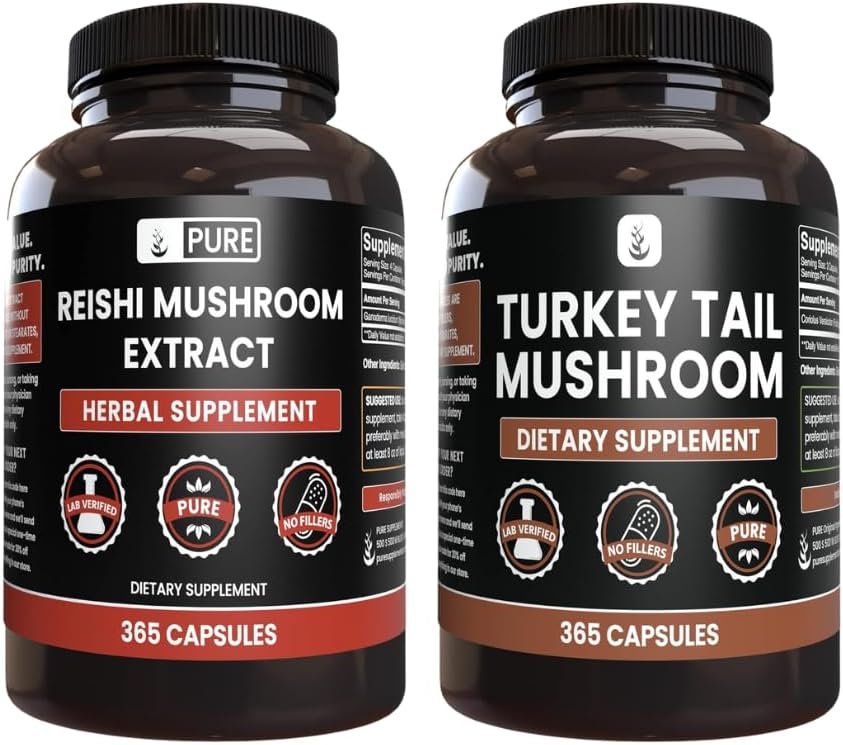 PURE ORIGINALSKE INGREDIENSER Reishi Mushroom & Tyrkiet Tail Mushroom Capsule Bundle (365 kapsler), Altid Pure, Ingen tilsætningsstoffer eller Fillers