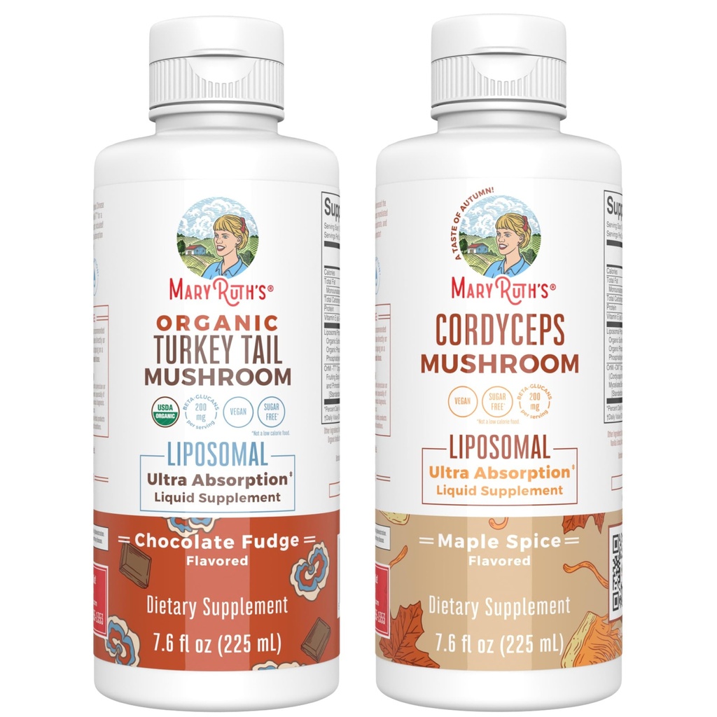 MaryRuth Organics Mushroom Liposomals: Kalkun Tail (Chocolate Fudge) & Cordyceps (Maple Spice)