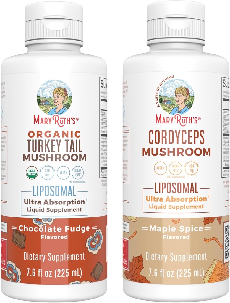 MaryRuth Organics Mushroom Liposomals: Kalkun Tail (Chocolate Fudge) & Cordyceps (Maple Spice)