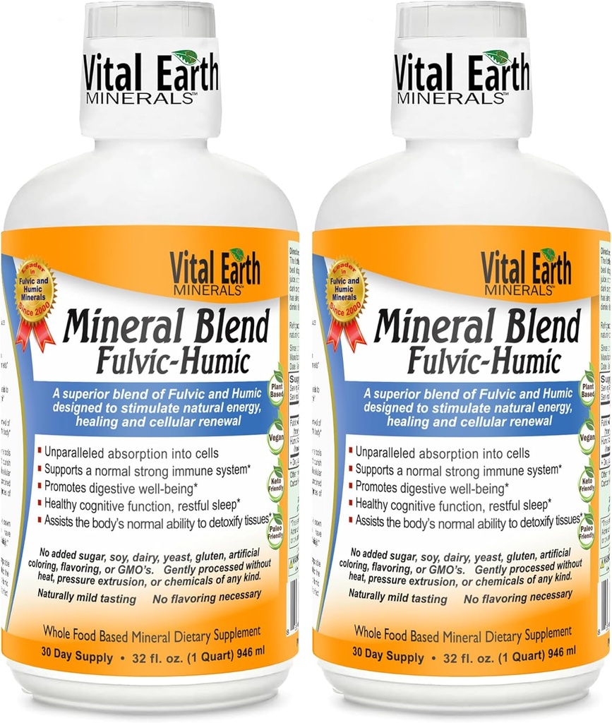 Vital Earth Minerals Fulvic Humic Mineral Blend Liquid 2- Pack - Fulvic Acid Supplement med 70 + Trace Minerals, Electrolytes for Recovery, Balance & Energy, 32 Oz Ea + 1 Oz Cup Ea