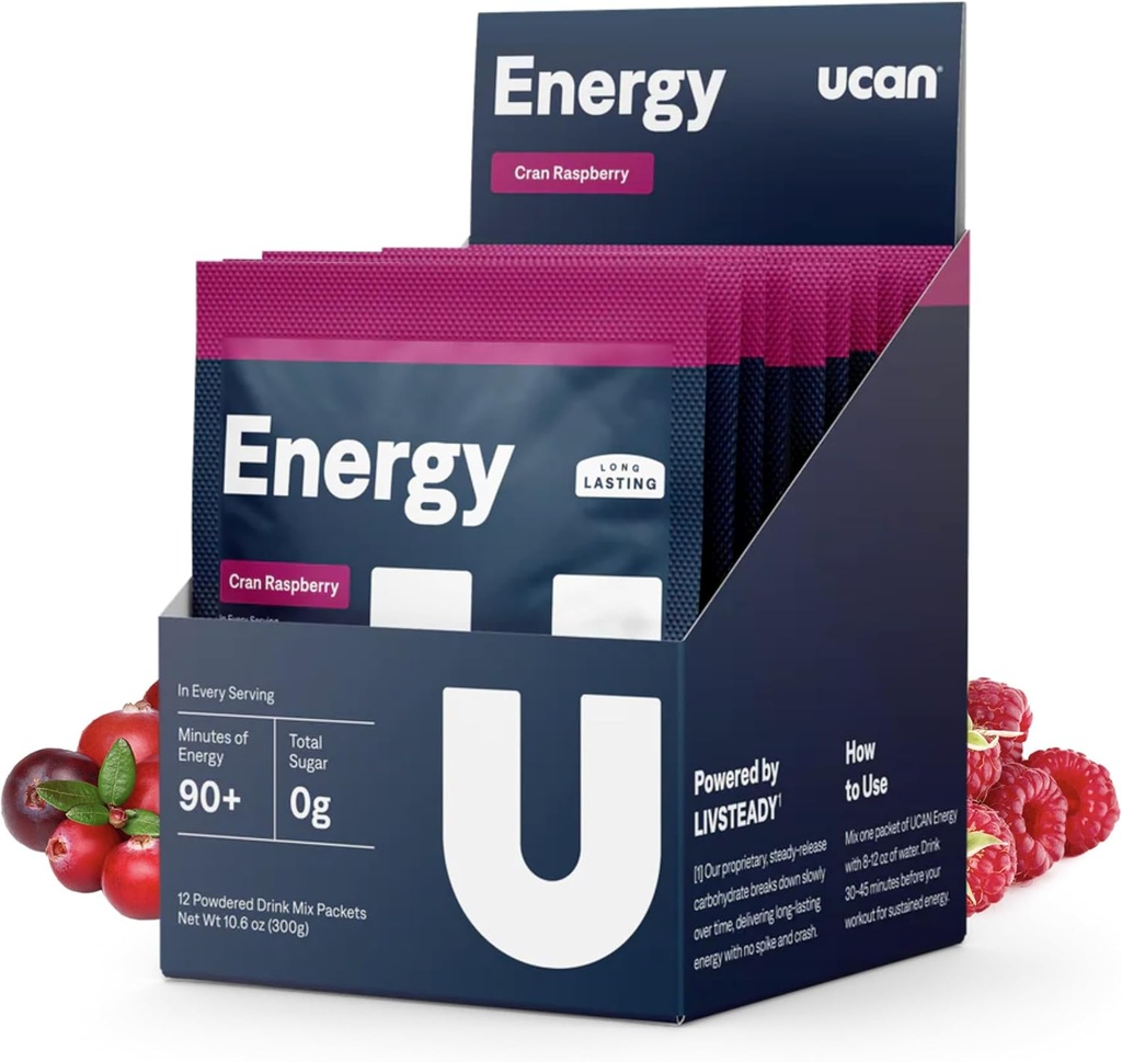 UCAN Energy Powder, Cran- Raz, Keto, Sugar- Free Pre & Post Workout for Mænd & Kvinder, Non- GMO, Vegan, Gluten- Free, Great for løbere, Gym-Goers og høj ydeevne atleter (12 Servere, 25g)