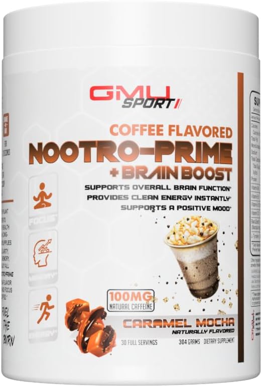 GMU SPORT Nootro- Prime Brain Boost - Focus Brain Supplement - Mushroom Supplement Pulver med Alpha GPC, Nootrop Brain Kosttilskud til hukommelse og fokus med Lions Mane, 30 Servere, Caramel Mocha