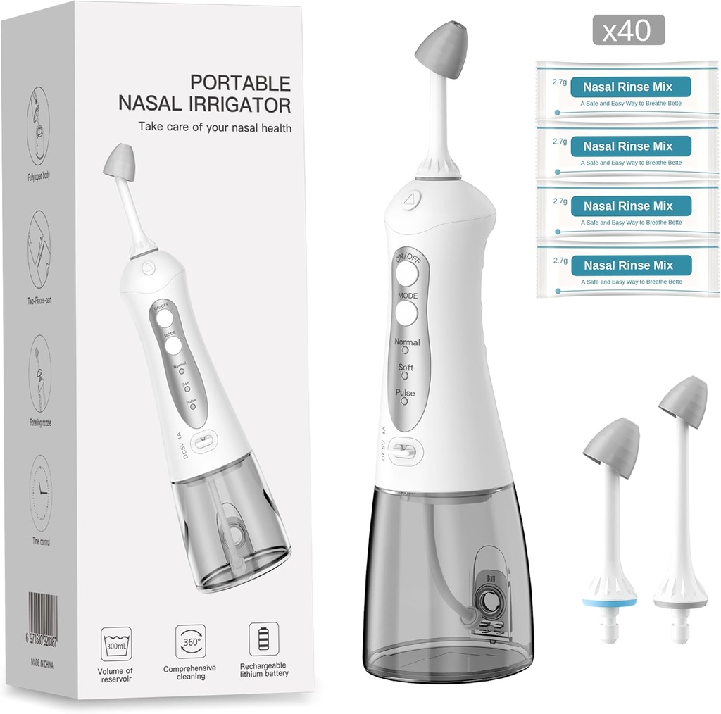 luckin smil Nasal kunstvanding System, Nasal Rinse Machine til Sinus Relief, 3 Presse Sinus Rinse IPX7 Vandtæt automatisk Neti Pot med 40 Saline Pakker, 300ML Stor Tank til rejse og hjem