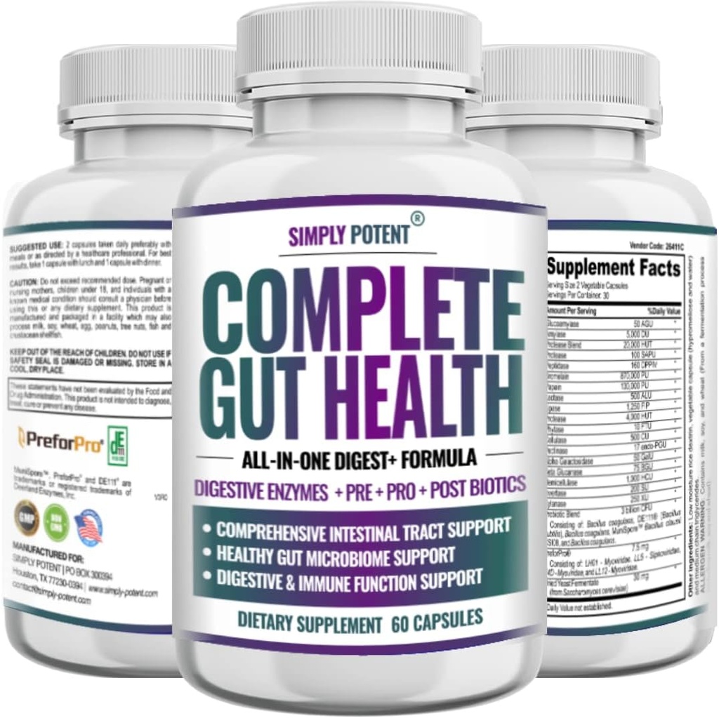 Komplet Gut Sundhed, fordøjelsesenzymer Plus Prebiotic, Probiotic & Post Biotic Gastrointestinal Support, Understøtter Gut Sundhed & Immunfunktion, 60 kapsler