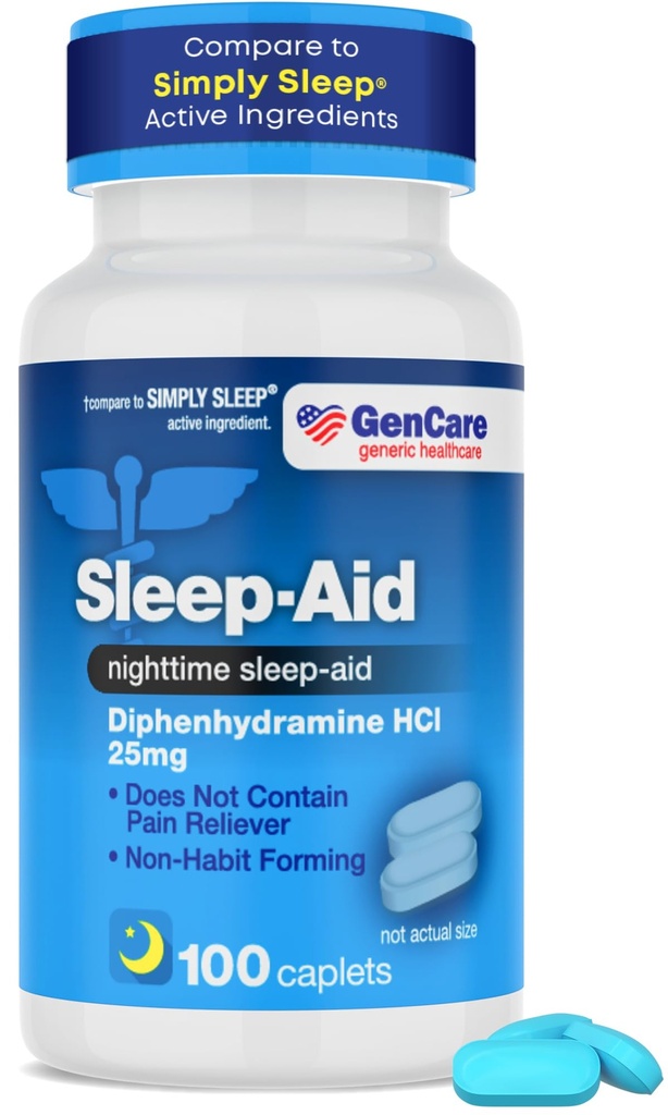 GenCare - Sleep Aid Diphenhydramin HCL 25mg Blue Caps (100 kapsler) - Ikke Habit Danning Nighttime Sleeping Pills for voksne til at falde søvn Hurtigere og dvaler gennem natten - Sleep aids