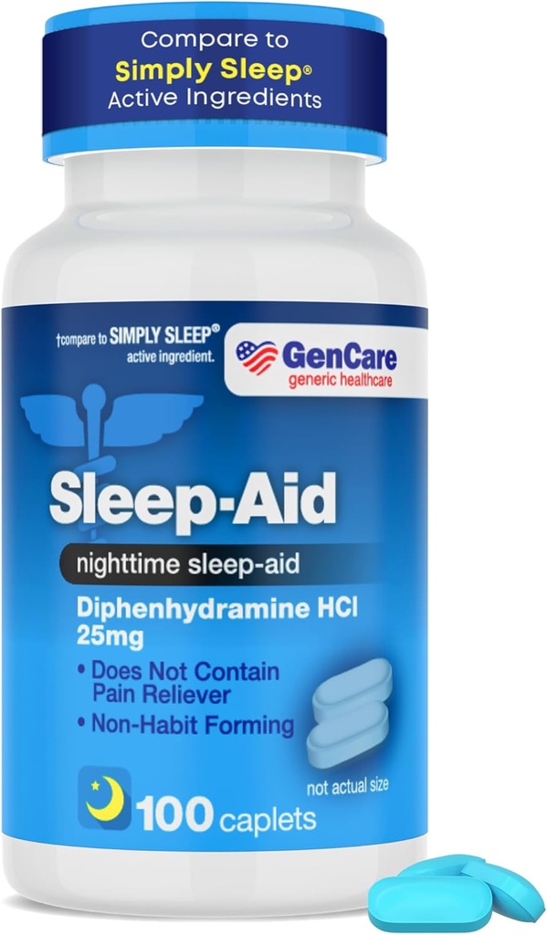 GenCare - Sleep Aid Diphenhydramin HCL 25mg Blue Caps (100 kapsler) - Ikke Habit Danning Nighttime Sleeping Pills for voksne til at falde søvn Hurtigere og dvaler gennem natten - Sleep aids
