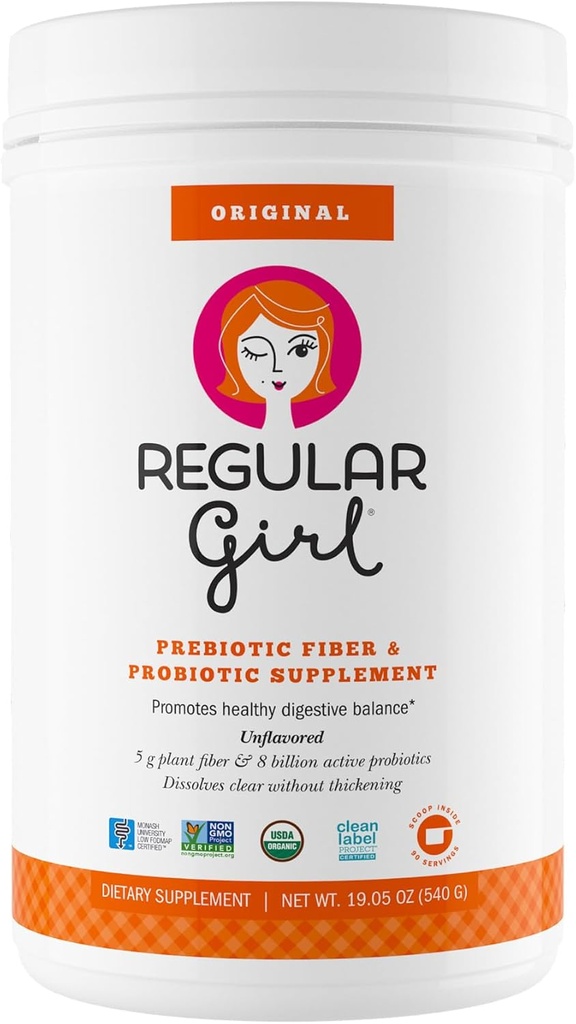 Regelmæssig Girl Organic Powder, Prebiotic Fiber tillæg og probiotika til kvinder, lav FODMAP, 90 Day Bulk Supply, Unflavored, 90 Servering