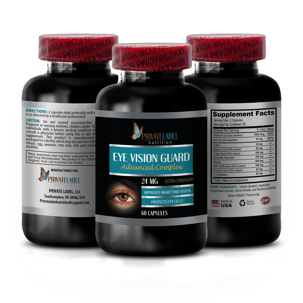 Vision Vitamin med Lutein - Eye Vision Guard 24 MG - Advanced Complex, Eye Vision Support, Lutein Kosttilskud, vitamin A tillæg, gurkemeje ekstrakt, Bilberry ekstrakt, Taurine, 1 Bot 60 kapsler