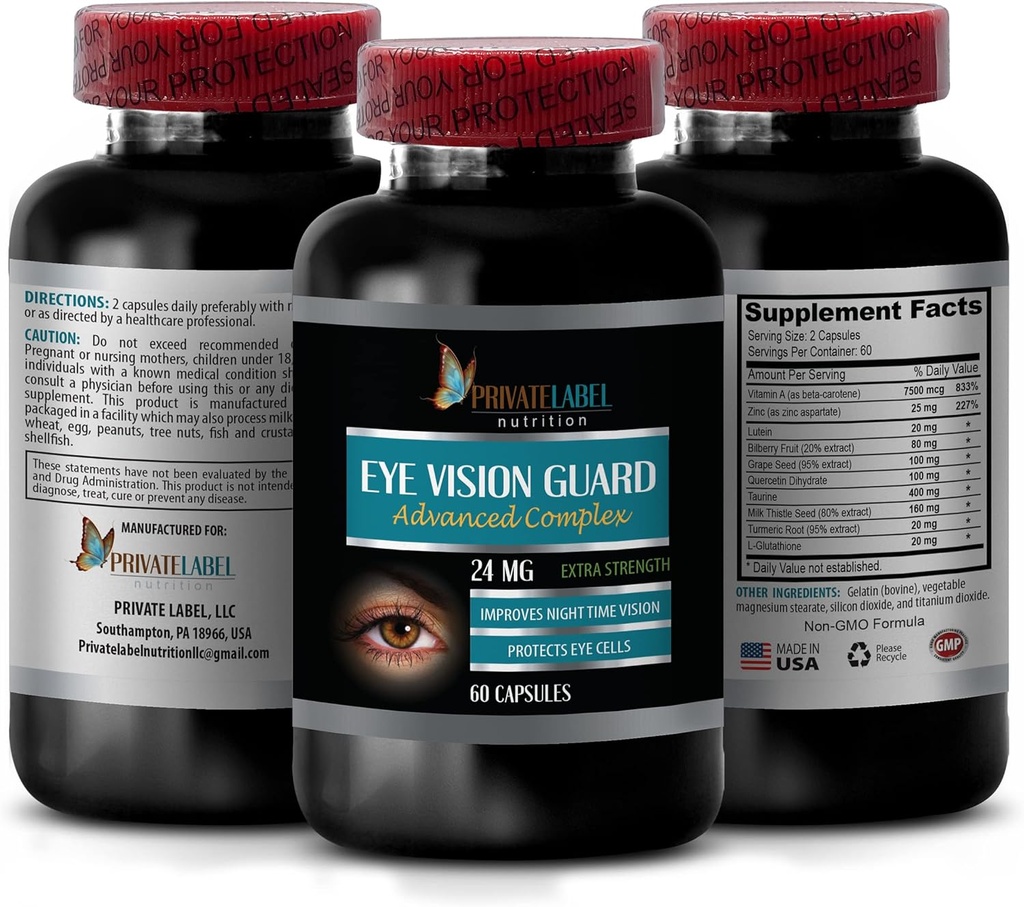 Vision Vitamin med Lutein - Eye Vision Guard 24 MG - Advanced Complex, Eye Vision Support, Lutein Kosttilskud, vitamin A tillæg, gurkemeje ekstrakt, Bilberry ekstrakt, Taurine, 1 Bot 60 kapsler