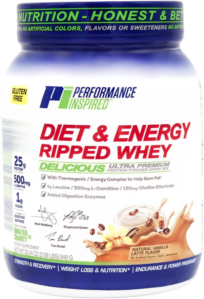 Performance Inspirated Diet & Energy Whey Protein - 25G Clean Protein - L- Carnitin & Leucin - fordøjelsesenzymer - Green Tea Extract - Gluten- Free - 1g sukker - Vanilla Latte - 2,4 lb