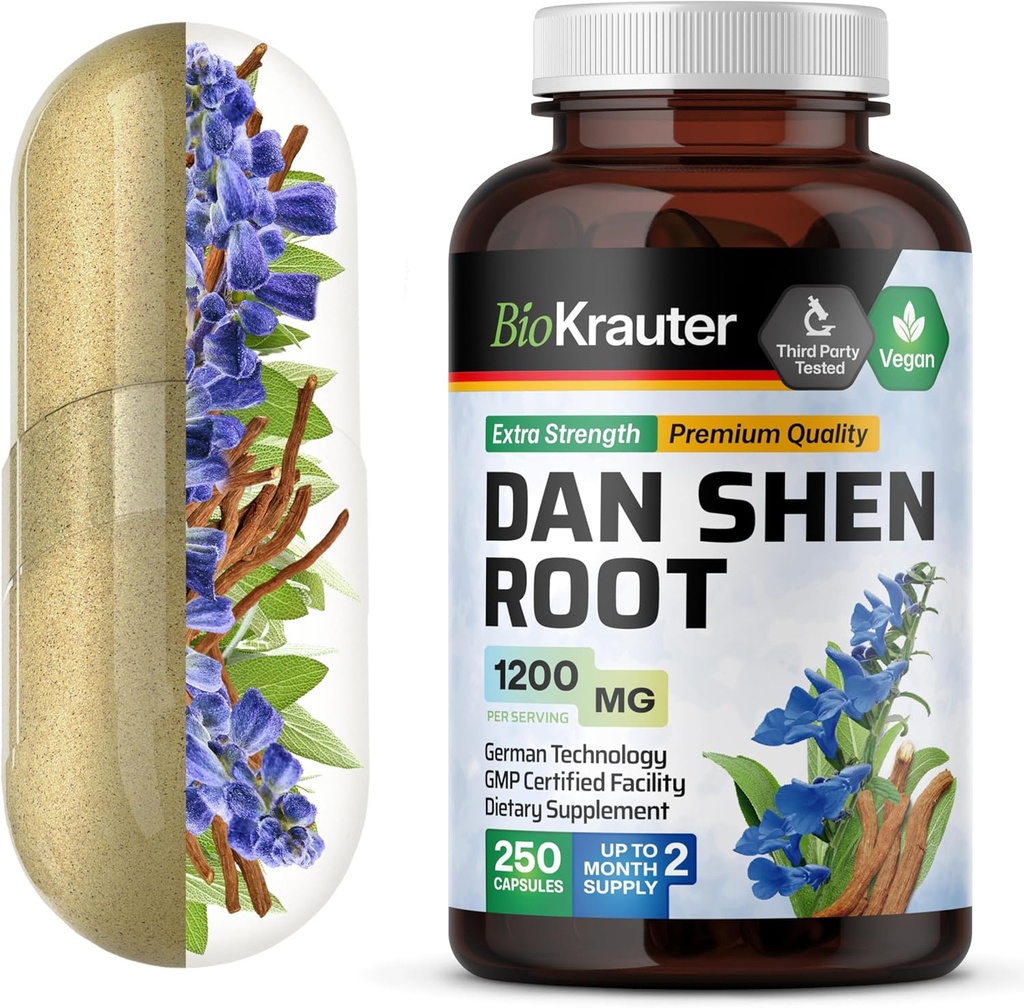 BIO KRAUTER Dan Shen Root Capsules - 1200 mg Styrke - 250 Red Sage Caps - Antioxidant Source - Salvia Miltiorrhiza Root - Vegan