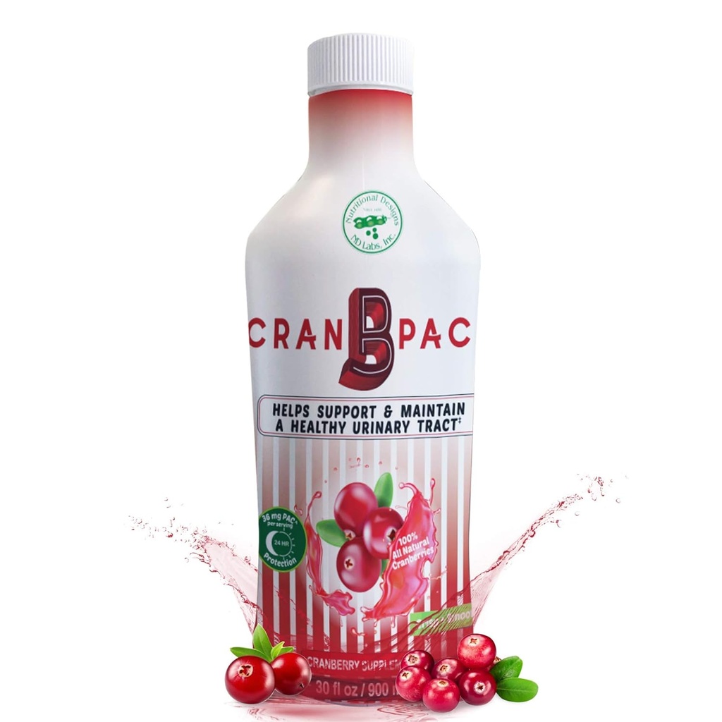 Ernæringsmæssige designs Cran- B- PAC Cranberry Supplement, UTI Prevention, Urinary Tract Health for Women Cranberry Concentrate Liquid with Vitaminer, Natural & Non GMO, 36mg PAC Per oz, 30 Oz Flaske