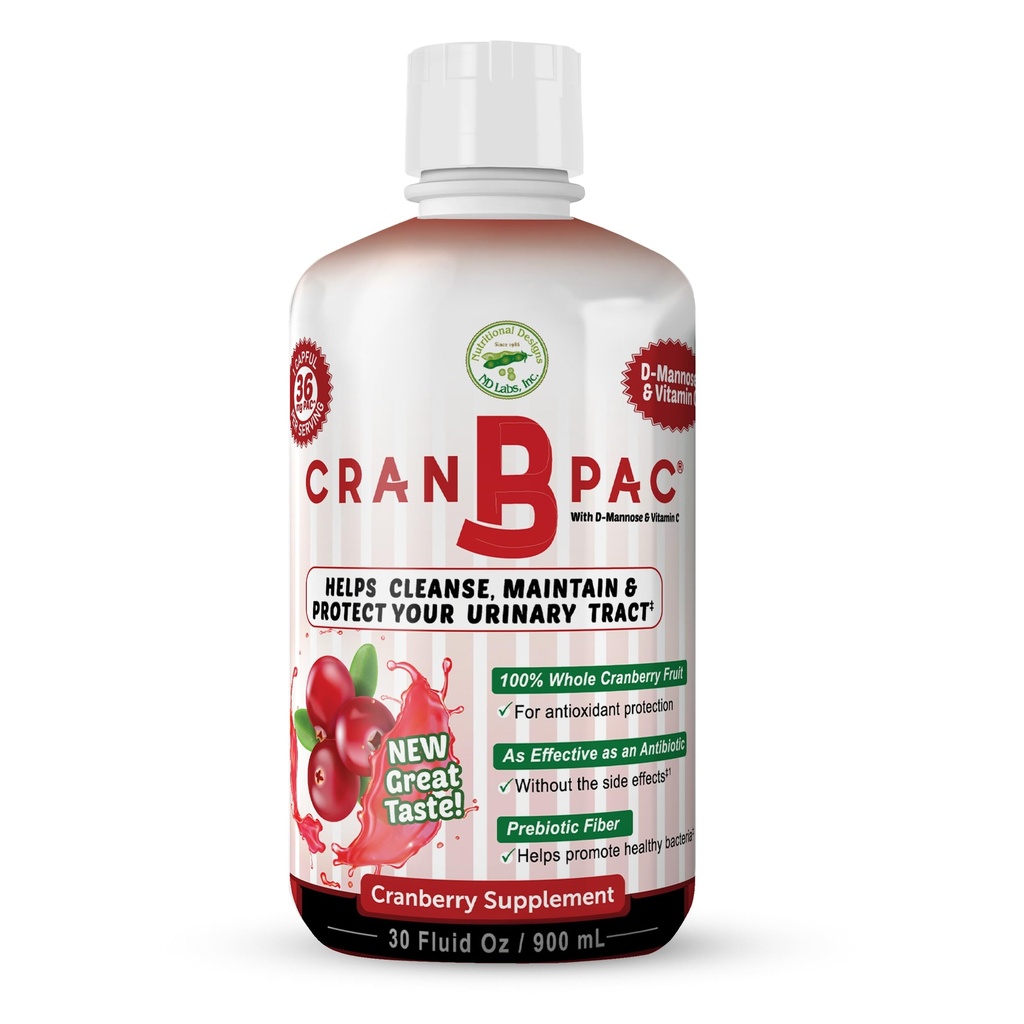 Ernæringsmæssige designs Cran- B- PAC Cranberry Supplement, UTI Prevention, Urinary Tract Health for Women Cranberry Concentrate Liquid with Vitaminer, Natural & Non GMO, 36mg PAC Per oz, 30 Oz Flaske