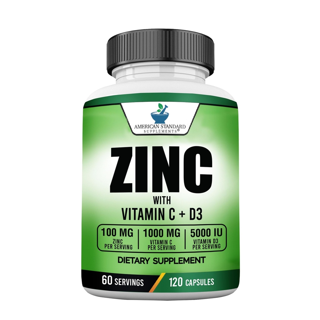 American Standard Kosttilskud Zink 100mg, vitamin C 1000mg, og vitamin D3 5000 IE (125mcg) Per Servering - Gluten Free, Non- GMO, 120 kapsler, 60 Servering