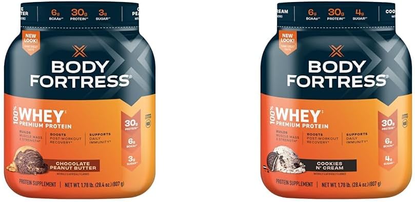 Body Fortress 100% Whey Premium Protein Powder Chocolate Peanut Butter and Cookies N' Cream, 1.78lbs Each