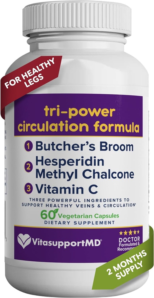 Tri- Power Circulation Formel - Circulation Supplement med Butcher 's Broom, Hesperidin Methyl Chalcone, og C-vitamin, 60 kapsler, for blod og ben cirkulering, Vein Health Support