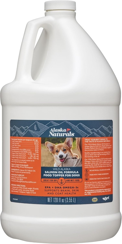 Wild Alaska Salmon Fish Oil for Dogs Skin and Coat - EPA + DHA Omega 3 Oil - Fedtsyrer Hundetillæg - Support Fur Coat og Brain Health - Natural Liquid Food Topper for Kæledyr - 120 oz.