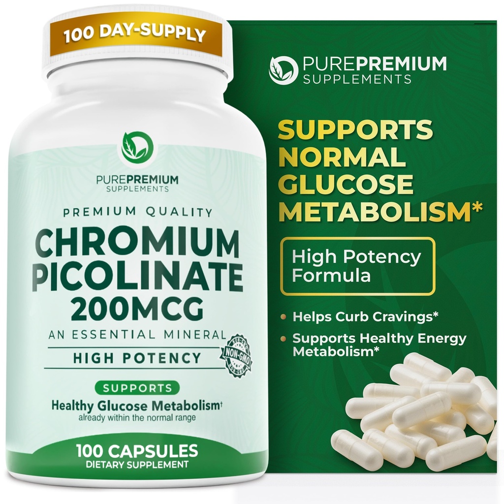 PurePremium Chrom Picolinate 200mcg - Høj potens Chrom Kosttilskud - Essential Mineral Health Support til mænd / kvinder - Gluten- Free - 3 Months Supply - 100 Kapsler